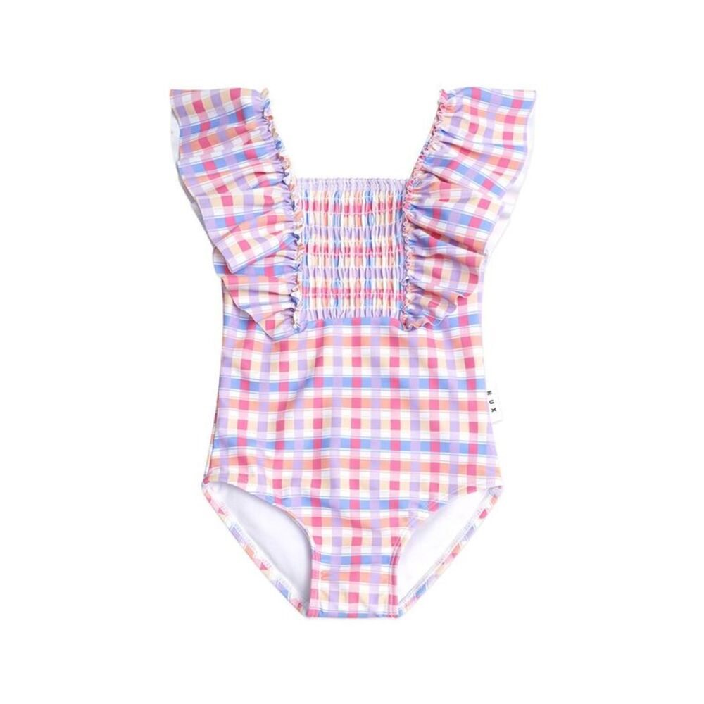 Huxbaby Girls  Shirred Frill One-Piece Rainbow Check, Multi